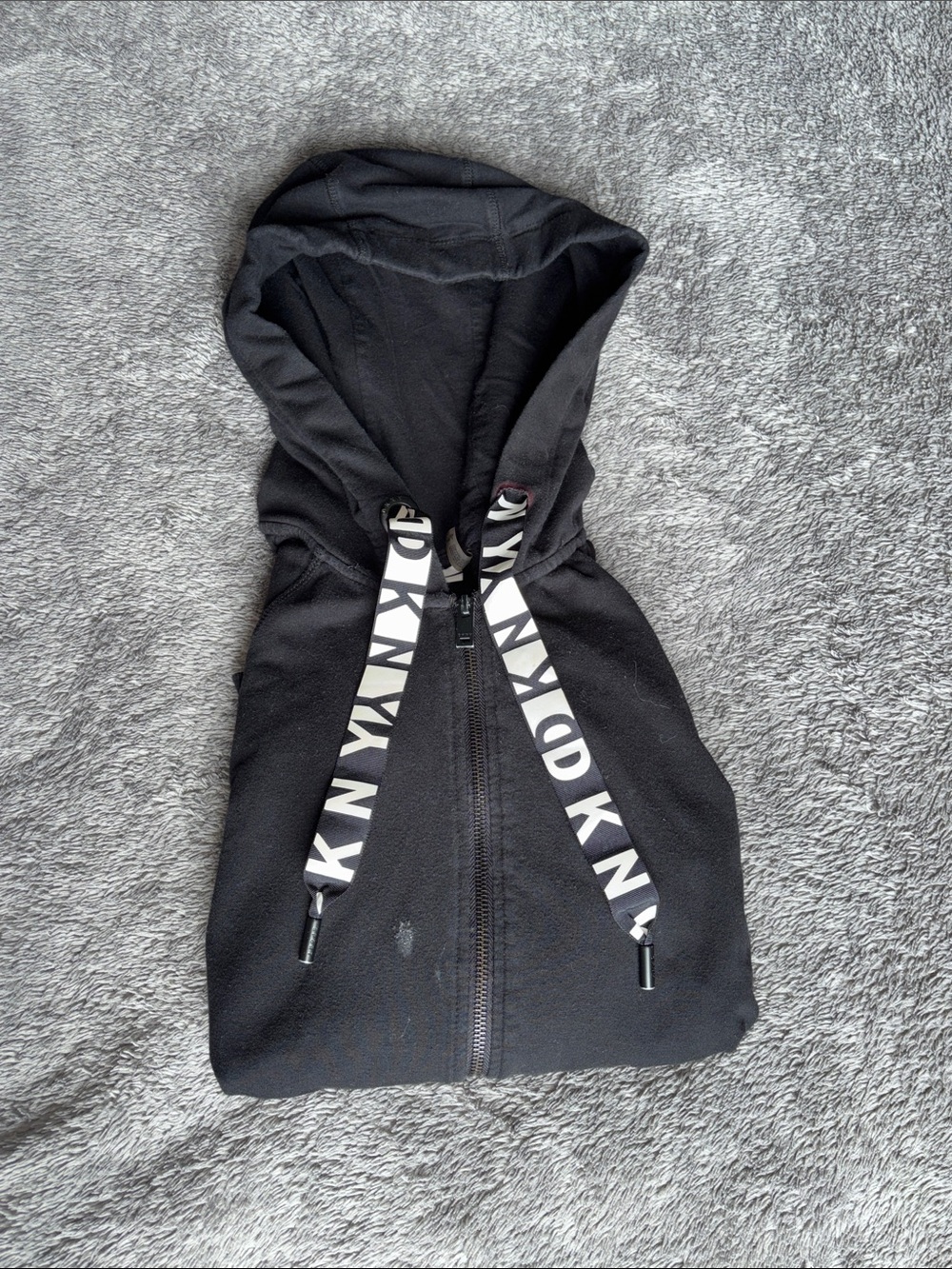 DKNY Black Zip-Up Hoodie with Branded White Drawstrings